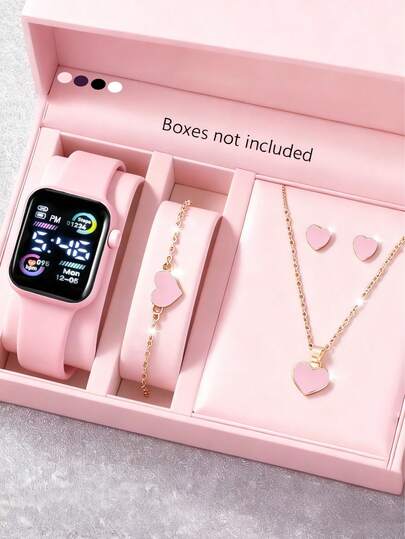 5/1pc Girl Elegant, Fashionable, Cute And LED Digital Display Electronic Watch With Heart Bracelet Necklace Earring Set Suitable For Girls To Wear Decoration Party Vacation Travel Christmas School Birthday/Holiday Gift For Girls Or Friends Ideal Gift Elegant Accessories