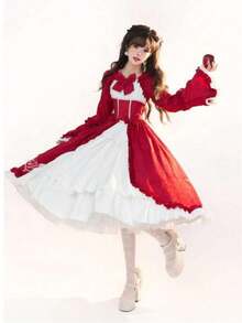 European And American Medieval Retro Gothic Court Dress With Square Collar, Waist Cinched, And Spliced Bow Tie Dress, Lolita Costume - 酒紅色 - 查看 4