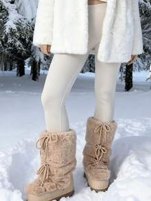 Faux Fur Boots For Women Winter Snow Boots Platform Lace Up Round Toe Boots Warm Snow Shoes Fluffy Winter Boots - 杏色 - 查看 6