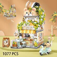城市咖啡熊猫茶馆积木玩具，可打开的熊猫建筑茶馆拼装玩具，迷你街景积木，创意积木盒街景，万圣节、生日、圣诞节礼物，迷你积木，860+块 - 彩色 - 查看 6