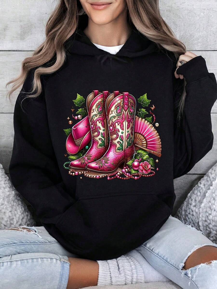 Pink Cowboy Boots Western Floral Design Women's Hoodie Sweatshirt Set Casual Autumn Winter Outfit Country Style Fashion Gift For Her - 黑色 - 查看 1