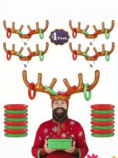 5pcs-Inflatable Reindeer Antler Ring Throw Play Set - Perfect For Christmas, Halloween Parties - Durable PVC Material For Christmas Parties 2025, Great Christmas Games For Families.