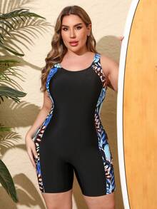 VETACATS Tropical Print One-Piece Casual Fabric Swimsuit, Crew Neck, Fashion Sports Beach Backless Surfing Swimwear, Summer - Black - View 6