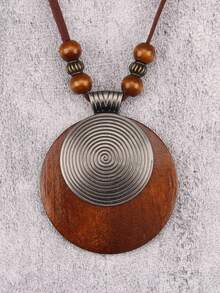 1pc Retro Bohemian Style Wooden Alloy Leaf Pendant Necklace, Fashion Halloween Holiday Gift Decoration, Unisex Jewelry, Student Souvenir Gift