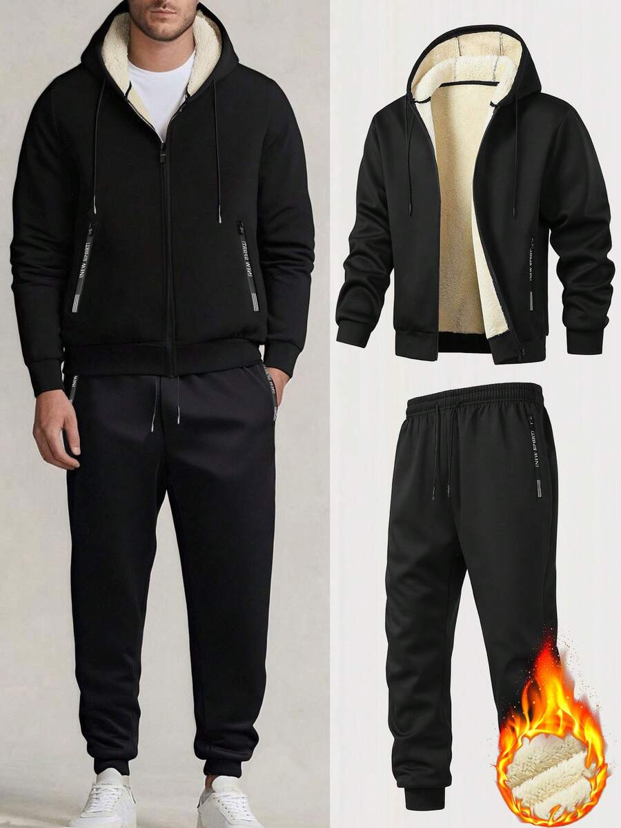 2pcs Men's Thermal Lined Hooded Jacket & Pants Set, Warm Sportswear For Vacation, Outdoor, Hiking, Cycling, Fitness, Running - Black - View 1