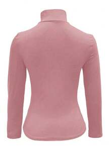 Elegant Solid Color Long Sleeve Turtleneck Slim Fit T-Shirt, For Spring/Autumn - Pink - View 4