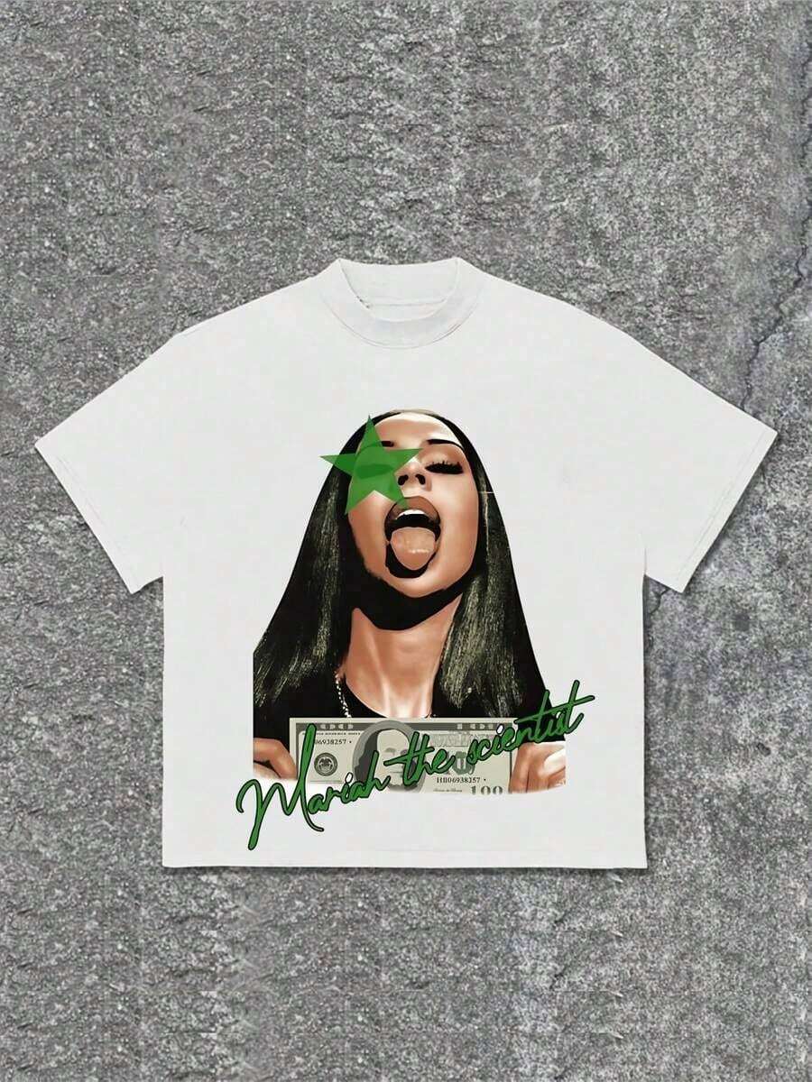 Mariah Scientist Graphic Print Tee,Comfortable Casual Short Sleeve, 220 Grams Heavyweight Cotton Printed-ShirtMinimalist Style Sweatshirt - 白色 - 查看 1