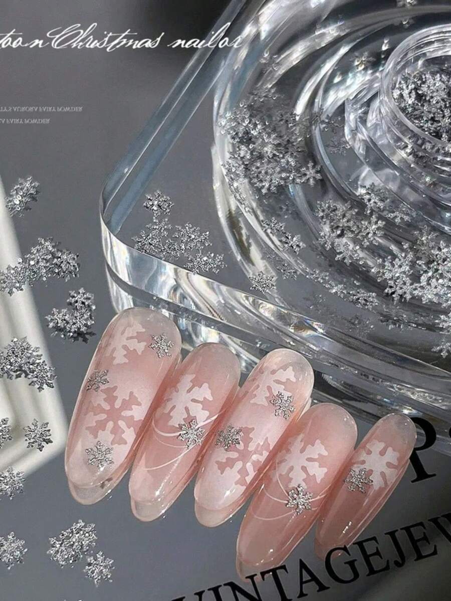 1 caja de lentejuelas de purpurina con diseño de copos de nieve, accesorios de uñas brillantes en 3D, escamas de nieve de lujo, decoraciones navideñas de invierno para uñas acrílicas y manualidades