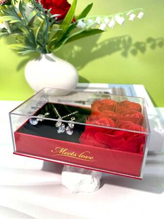 Rose Blumen Geschenkbox mit Deckel, herzförmige Acryl Rose Blumen Halskette Schmuckbox, geeignet für Dekoration, Geschenkbox, Brautjungfernantrag, Hochzeit, Geburtstag, Blumengeschenke und Partyverpackung (Schmuck nicht enthalten)