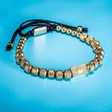 Men's Adjustable Braided Bracelet – Luxury Crown Charm With Micro-Paved Beads, Elegant Wrist Jewelry For Him - 金色 - 查看 4