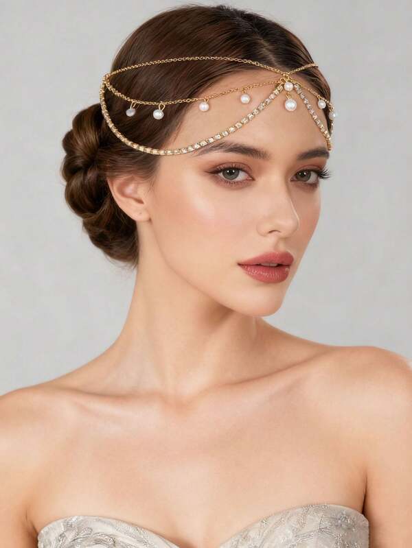 1 pezzo Copricapo stile bohémien con cristalli e perle finte, catena realizzata a mano, accessorio per capelli stile fatato adatto per appuntamenti, spose, festival e feste