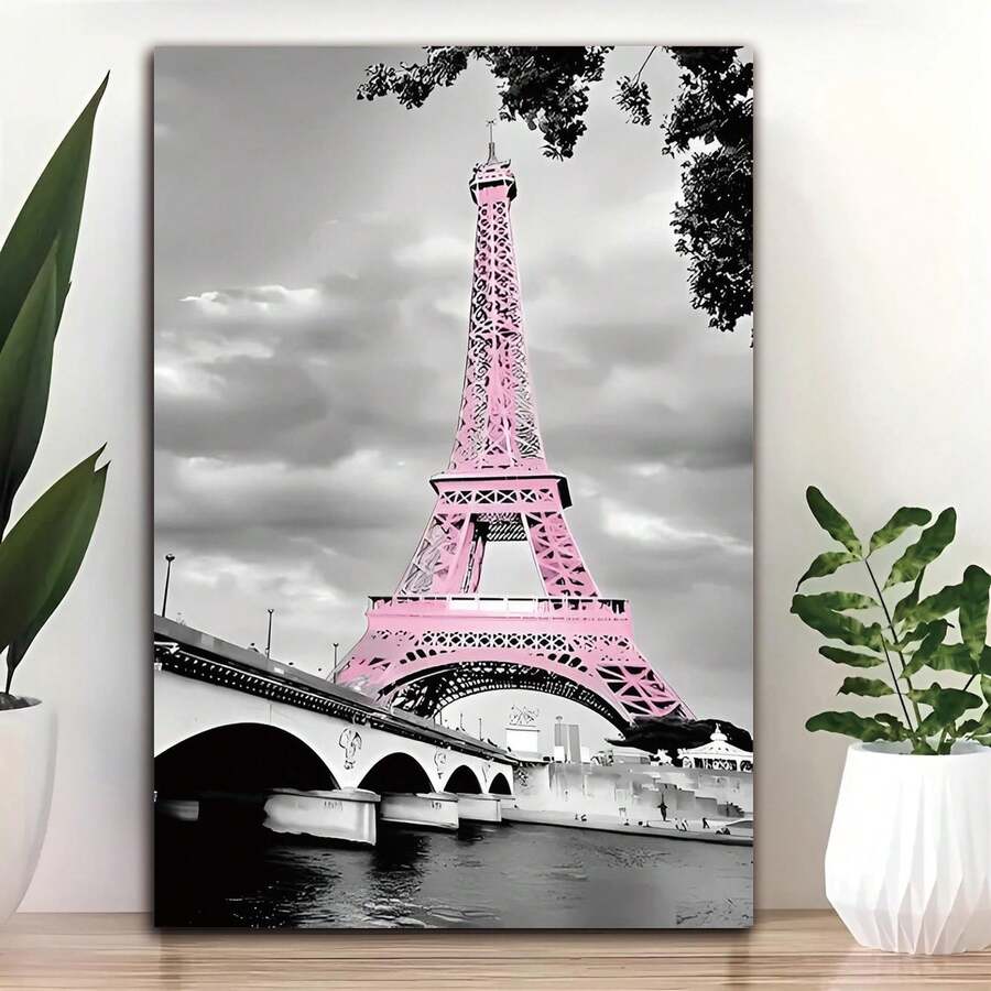 1pc Eiffel Tower Canvas Wall Art - Pink Paris Theme Unframed Poster For Home & Office Decor - Versatile In Living Room, Bedroom, Classroom, Restaurants - Multicolor - View 1