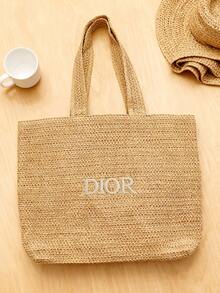 Dior Túi đựng mỹ phẩm Materiel, Túi tote màu be chất liệu giả rơm có thêu logo, dung tích lớn, thích hợp cho kỳ nghỉ hoặc đi biển. - Trắng ngà - Xem 4