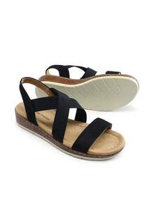 Women Low Wedge Heels Sandals Cross Strappy Slip On Flat Sandals Summer Comfortable Dressy Casual Vacation Walking Shoes  Black-Suede - 黑色 - 查看 1