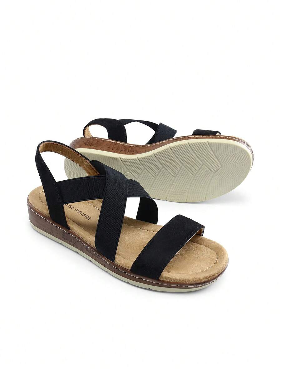 Women Low Wedge Heels Sandals Cross Strappy Slip On Flat Sandals Summer Comfortable Dressy Casual Vacation Walking Shoes  Black-Suede - 黑色 - 查看 1