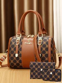 3pcs/Set Women's Fashion Printed Handbag, Tote Bag And Pillow Bag - Coffee - View 10