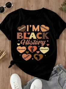 Women's Black History Graphic T-Shirt - Short Sleeve Crew Neck Casual Top With I'm Black History Design, Celebrating African American Heritage, Perfect For Spring & Summer - 黑色 - 查看 3