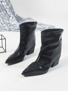 Elegant Girl's Fashion Boots, Classic Stylish Slip-On Pointed Toe Stiletto Heel Ankle Boots In Black And Red, Women's Simple Skinny Leg Boots, British Style Tall Boots - Black - View 3