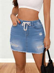 Women's Mid-Waist Solid Color Ripped Drawstring Denim Mini Skirt - Casual & Elegant Homewear - Medium Wash - View 6