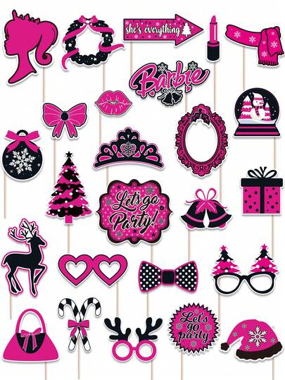 Mattel 25PCS Mattel Officially Licensed Barbie Party Princess Paper Photo Booth Props-Birthday Decorations Accessories For Birthday Christmas New Year Parties