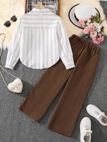 Left Mama Girls Casual Striped Long Sleeve Shirt And Straight Leg Pants Set, Spring/Autumn - Brown - View 3