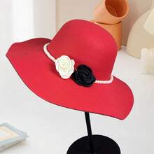 Women's Wide Brimmed Top Hats Fashion Pearl Flower Decorated Bucket Cap For Wedding Special Occasion Suitable For Home Gatherings, Holiday Decorations, School Parties, And Other Events. Must Choose Christmas And New Year Gifts - Red - View 4
