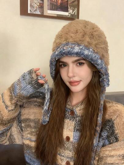 1pc Women's Plush Ear Protection Hat For Winter Warmth, Fashionable And Versatile Hat, Sweet And Cute Anti Cold Knitted Hat, Suitable For Daily Travel Wear