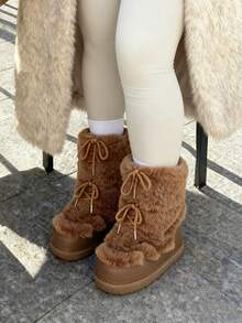 Faux Fur Boots For Women Winter Snow Boots Platform Lace Up Round Toe Boots Warm Snow Shoes Fluffy Winter Boots - màu nâu - Xem 6