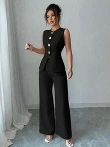 女士纯色单排扣圆领背心和长裤两件套休闲宽松套装