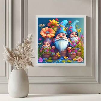 新品上市 1 件套矮人花卉图案钻石画套装，DIY 5D 圆形水晶钻石部分钻钻石画马赛克工艺品，适用于家居墙面装饰艺术，手工家居装饰万圣节圣诞节礼物，无框