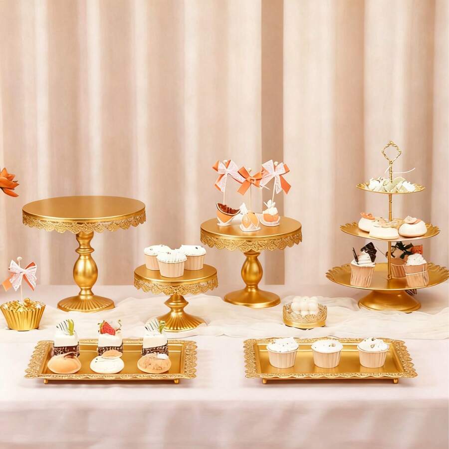 8-Piece Dessert Table Display Set: Romantic Golden Round Cake Stand & Cupcake Tower For Birthday Parties, Weddings & Baby Showers, Gold/Cream White,Christmas Decorations For Home,Christmas Decor,Funny Gifts - Vàng Sâm panh - Xem 1