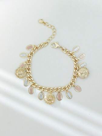 1pc Fashion Oval-Shaped Virgin Mary Pendant Bracelet With Adjustable Chain, Elegant Tricolor Alloy Jewelry For Women - Perfect Gift For Daily Wear Or Parties