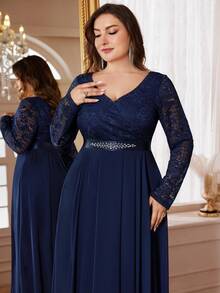 V-Neck Floral Lace Patchwork Chiffon Rhinestone Belt Formal Party Maxi Dress, Suitable For Valentine's Day, Wedding Guest, Birthday, Graduation Ceremony, Gala - Navy Blue - View 9