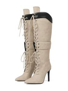 Y2K Style Luxury Fashion Women's Over Knee Boots Pointed Toe Lace Wide Calf Zip Stiletto Heel Shoes Motorcycle Dressy Party Boots - 米色 - 查看 6