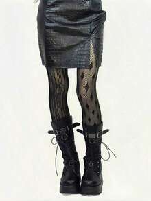 Pure Desire Sexy Style Anti-Snag Non-Slip Lace Vertical Striped Gothic Pattern Striped Pantyhose Women's Retro Punk Sexy Plaid Patchwork Thin Fishnet Stockings - 黑色 - 查看 3