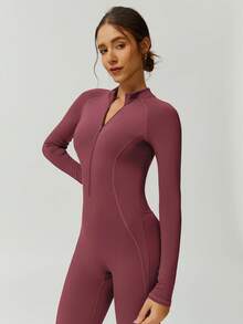 NcmRyu 1 Stück Damen nahtloser, thermisch gefütterter, schlankmachender, modischer, einfarbiger Stehkragen-Jumpsuit mit Reißverschluss, formend, hebend, für Outdoor-Fitness, Workout, Laufen, Yoga