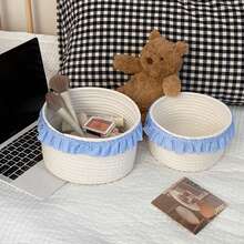 1 pieza Cesta de encaje tejida a mano, diseñada para organización de cosméticos y almacenamiento de escritorio, cesta de estantería en color azul marino, dormitorio - Multicolor - Ver 2