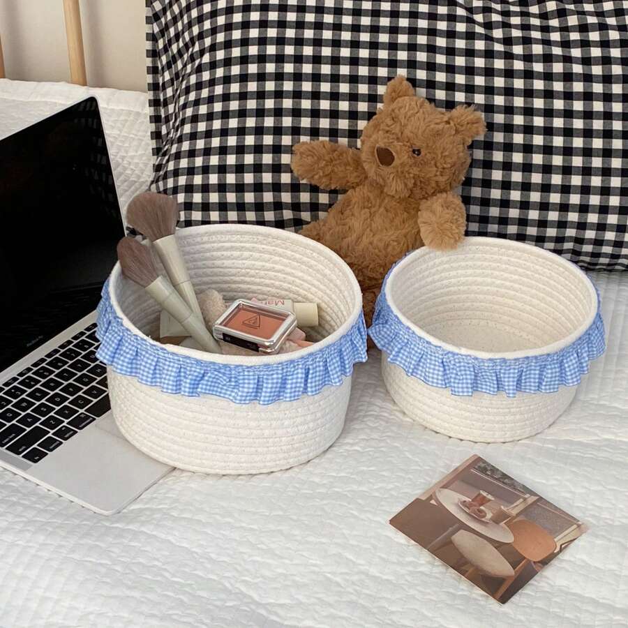 1 pieza Cesta de encaje tejida a mano, diseñada para organización de cosméticos y almacenamiento de escritorio, cesta de estantería en color azul marino, dormitorio
