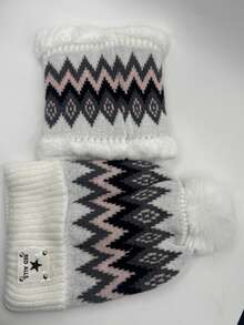 2 Pieces Geometric Pattern Acrylic Women Autumn/Winter Knitted Hat And Scarf Set, Thickened Velvet Earmuff Protection Beanie, Pom Pom, Suitable For Outdoor Cycling Winter Accessories Winter Outfits Valentines Gift - A - View 10