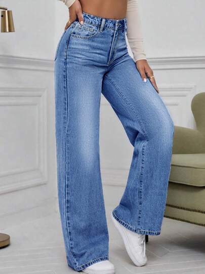 Jeans de tiro medio sólidos sin estiramiento para mujer - Elegantes y sexys, perfectos para relajarse en casa