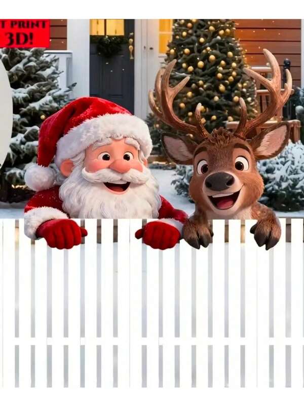 2D Acrylic Santa Claus, Reindeer, Snowman, Penguin Cartoon Garden Yard Fence Hanging Decor For Christmas