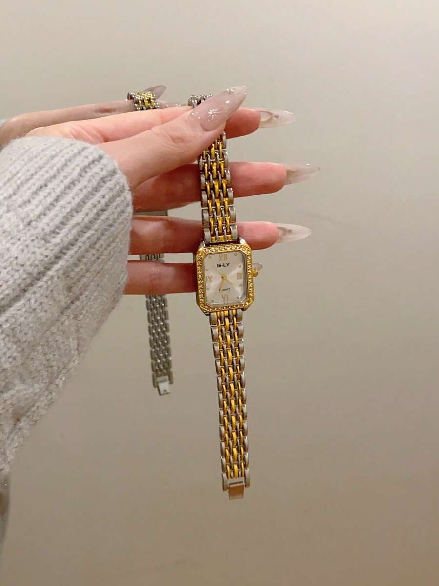 1 件双色方形竹节石英女表，适合日常佩戴，生日/新年/圣诞节礼物