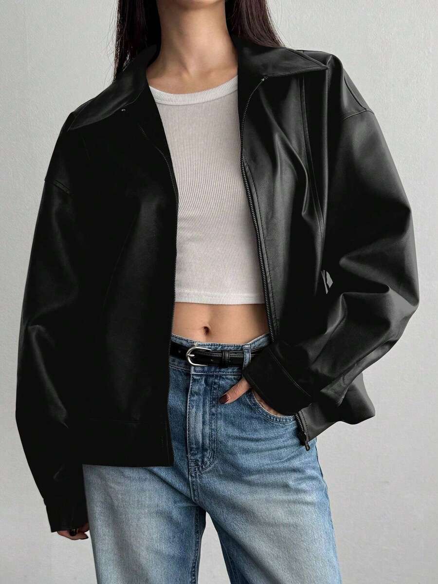 女士时尚黑色仿皮夹克，长袖休闲修身拉链外套 - 黑色 - 查看 1