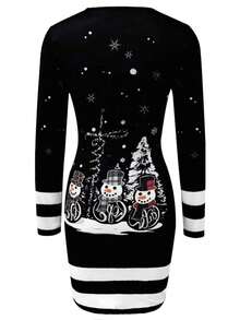 1pc Women's Casual Christmas Print Striped Fitted Dress,Christmas New Year Women's Knit Dress, Festive Elegant Holiday Party Dress Elegant Outfit - Black - View 3