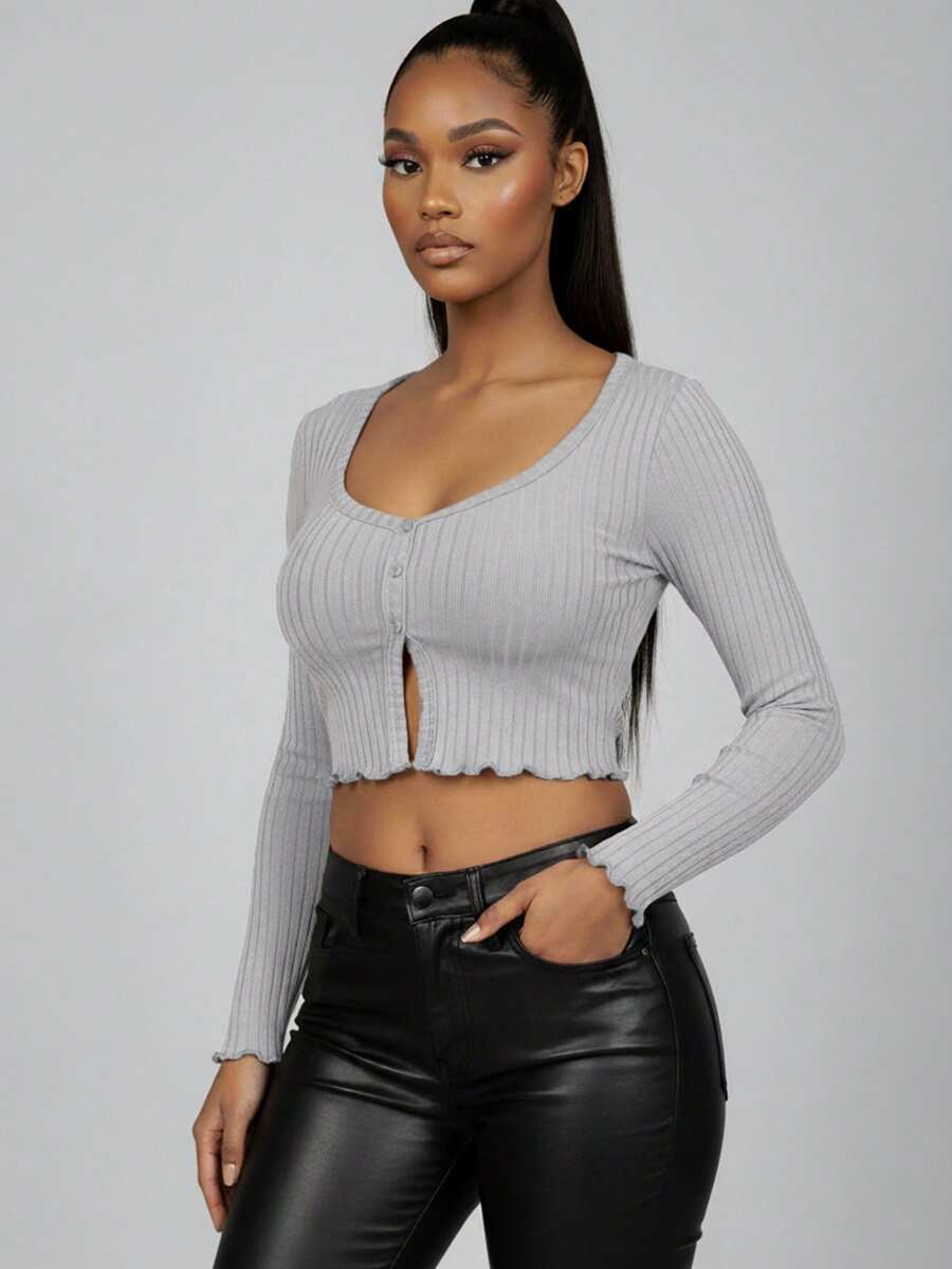 Women's Casual Rib-Knit Crop Top With Lettuce Trim Long Sleeves And Fake Buttons Sexy Round Neck Design - Grey - View 1