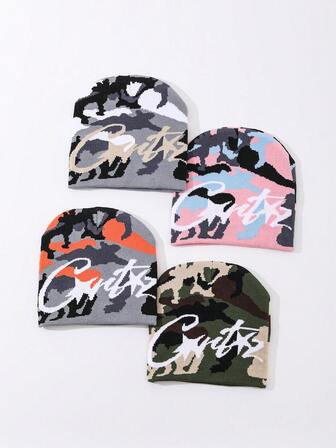 1個 メンズファッションカモフラージュ文字星柄ジャカード ビーニー帽子、ニット 暖かい キャップ 秋冬の日常着や屋外での男女兼用ウェア冬用