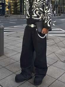 HEHCN Men's Vintage Distressed Black Loose Straight-Leg Casual Jeans, Wide-Leg Pants, Suitable Gift For Husband/Boyfriend, Grunge - Black - View 1