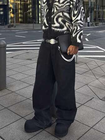 HEHCN Men's Vintage Distressed Black Loose Straight-Leg Casual Jeans, Wide-Leg Pants, Suitable Gift For Husband/Boyfriend, Grunge