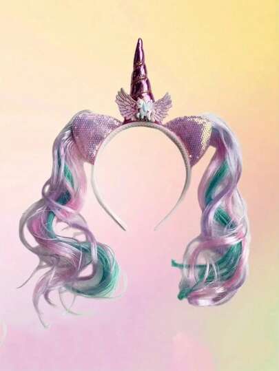 1个独角兽发箍假发，闪亮可爱发箍装饰，适合生日派对和节日 - 闪光发饰