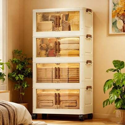 Mobiletto portaoggetti extra large a 4 strati, organizer pieghevole impermeabile, organizer per accessori in plastica multilivello con ante e ruote, adatto per armadio, guardaroba, camera da letto, bagno, ufficio, cucina, facile da montare e design salvaspazio